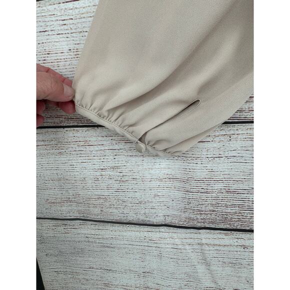 Pleione Crochet Accent Peplum Blouse Womens Large Tan Beige Tie Neck - Picture 6 of 10